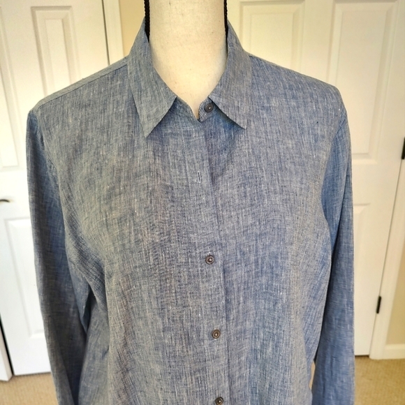 Eileen Fisher Yarn-Dyed Handkerchief Organic Linen Button Up Chambray Shirt PM - Picture 7 of 11